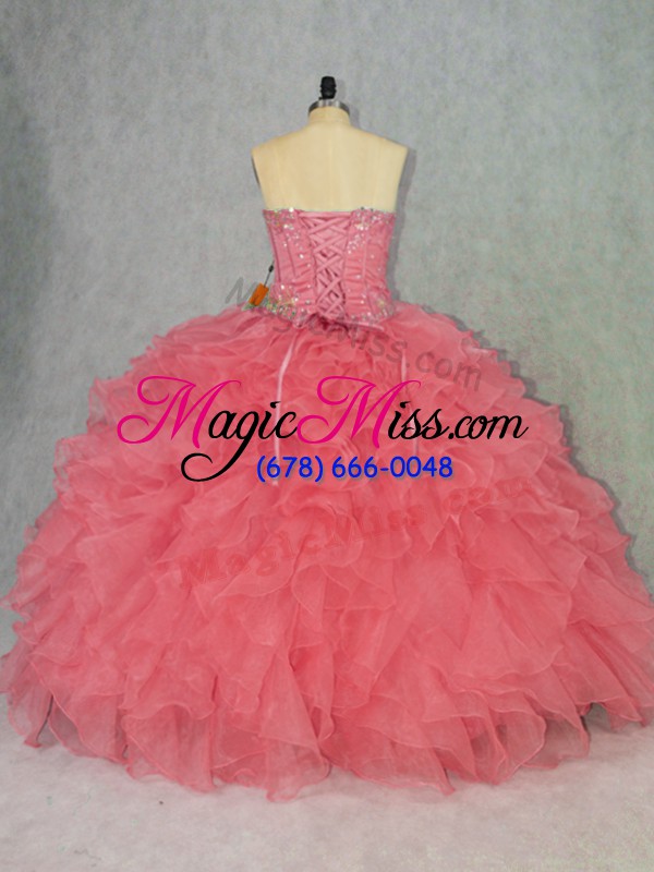 wholesale watermelon red lace up sweet 16 dresses beading and ruffles sleeveless floor length