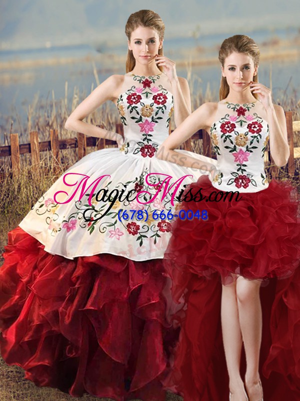 wholesale luxurious organza halter top sleeveless lace up embroidery and ruffles ball gown prom dress in white and red