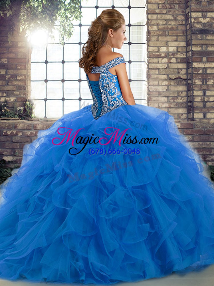 wholesale sleeveless beading and ruffles lace up quince ball gowns with brush train