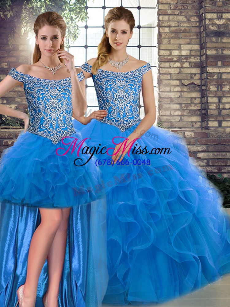 wholesale hot selling three pieces sleeveless blue quinceanera gown brush train lace up