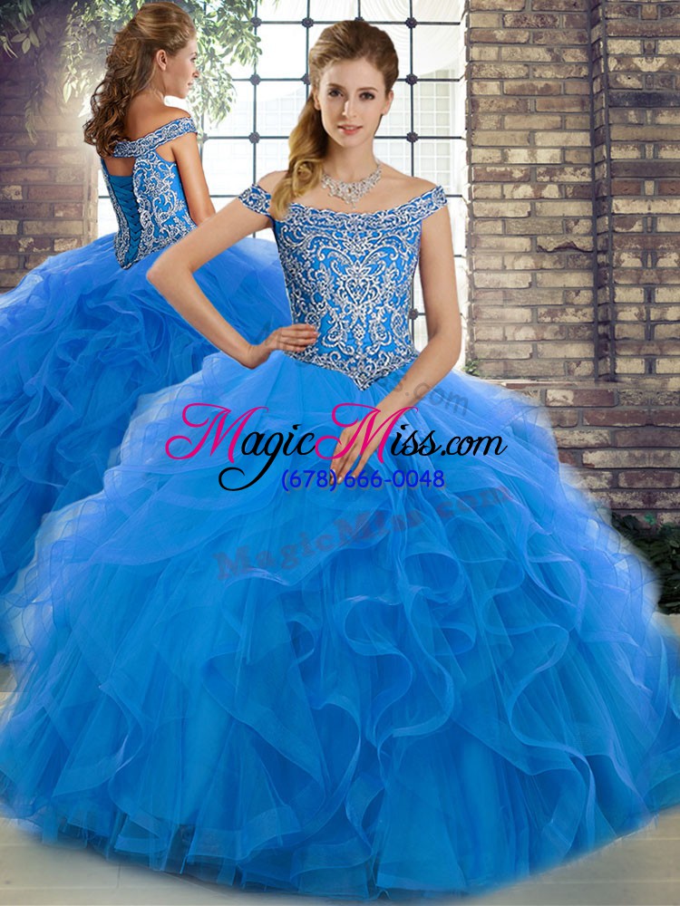 wholesale hot selling three pieces sleeveless blue quinceanera gown brush train lace up