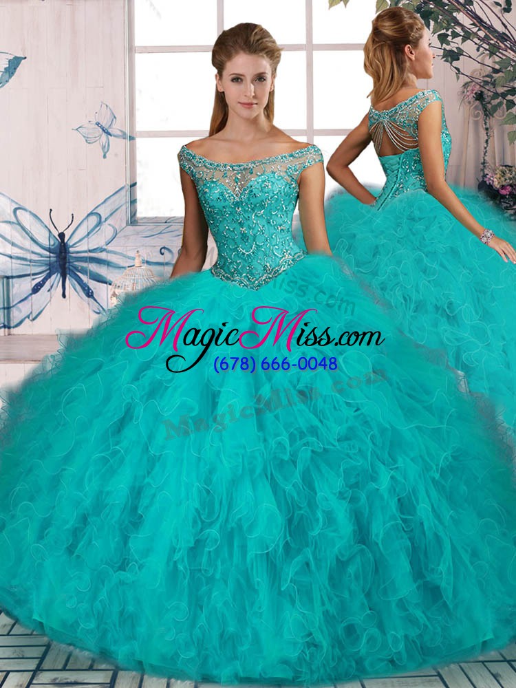 wholesale artistic aqua blue lace up off the shoulder beading and ruffles 15th birthday dress tulle long sleeves brush train