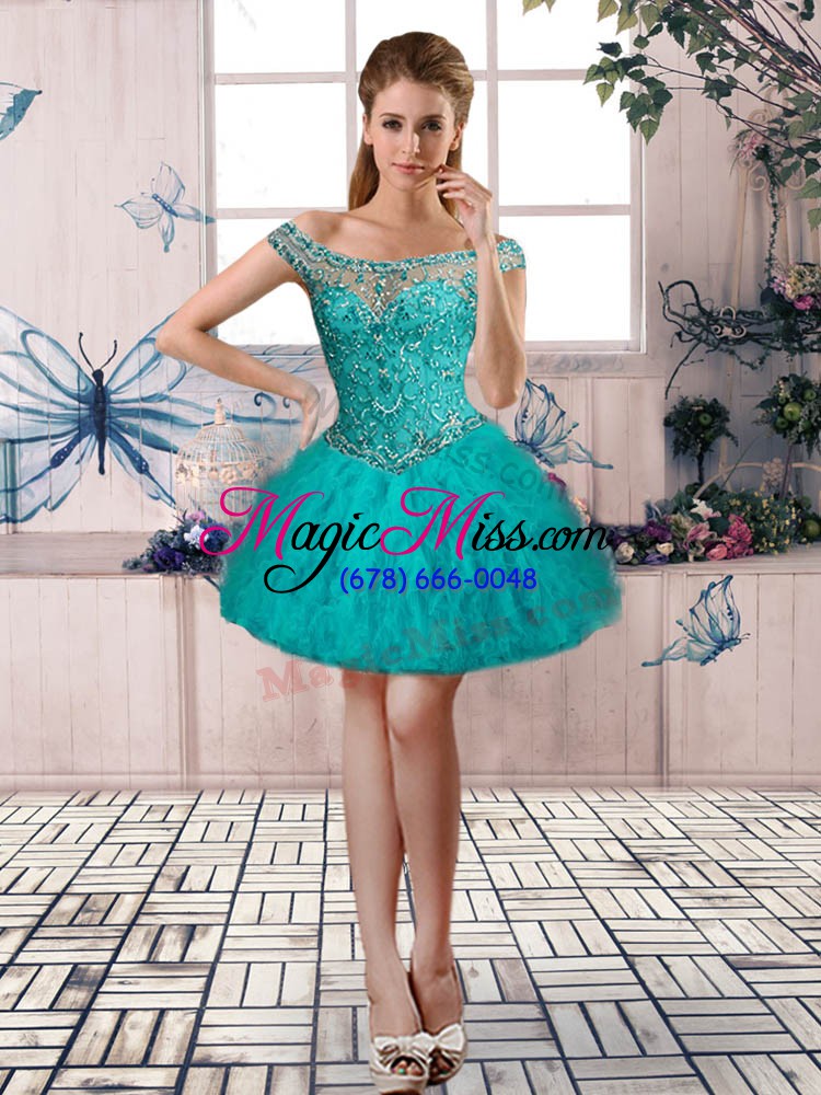 wholesale artistic aqua blue lace up off the shoulder beading and ruffles 15th birthday dress tulle long sleeves brush train