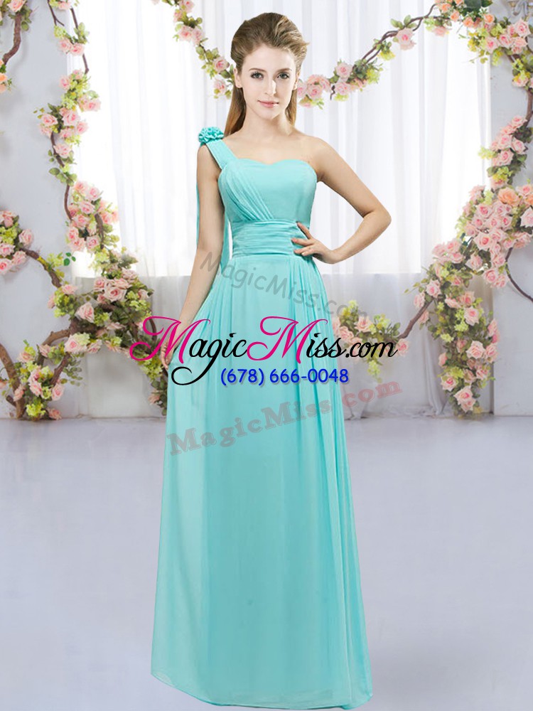 wholesale empire wedding party dress aqua blue one shoulder chiffon sleeveless floor length lace up