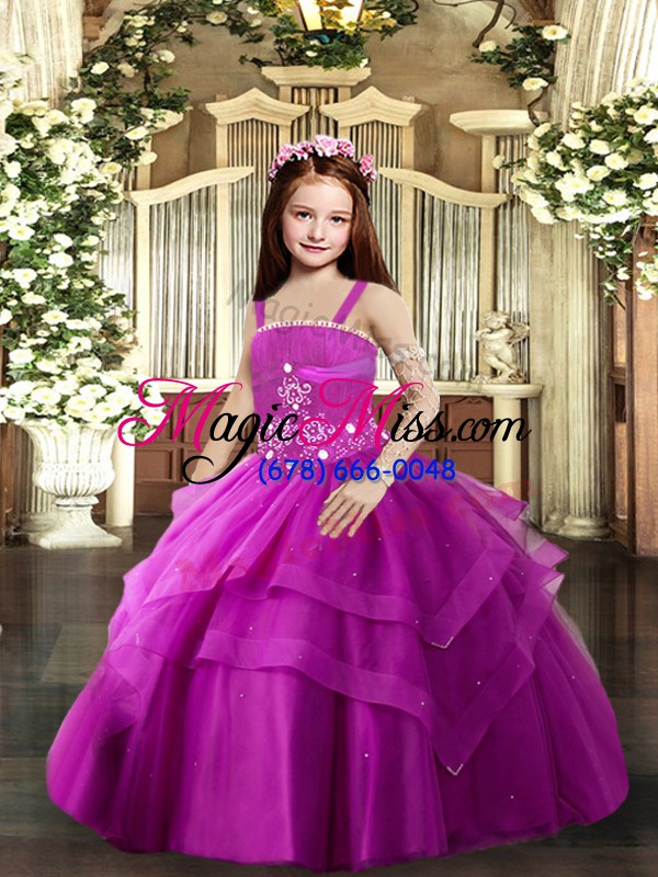 wholesale ball gowns kids formal wear fuchsia straps tulle sleeveless floor length lace up