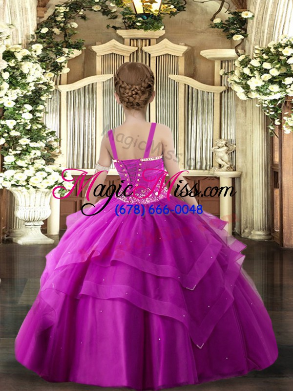 wholesale ball gowns kids formal wear fuchsia straps tulle sleeveless floor length lace up