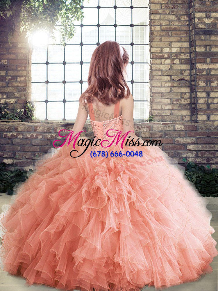 wholesale charming sleeveless floor length beading and ruffles lace up child pageant dress with pink
