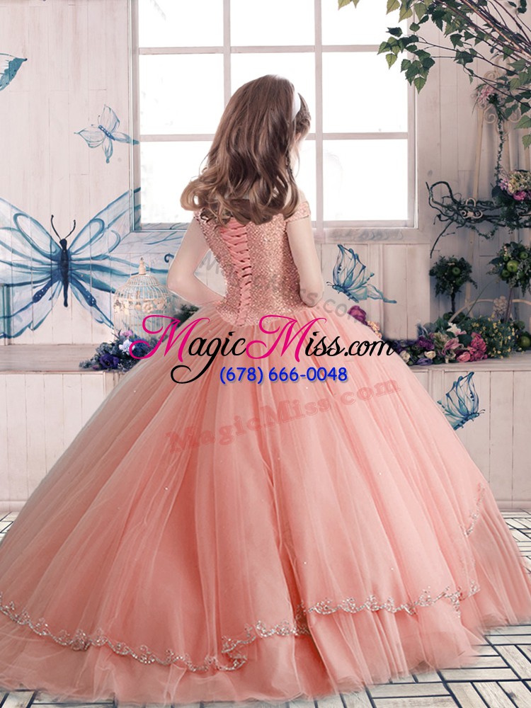 wholesale sleeveless floor length beading lace up pageant dress for girls with peach
