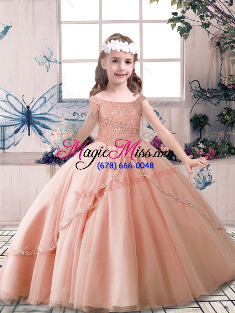 wholesale sleeveless floor length beading lace up pageant dress for girls with peach