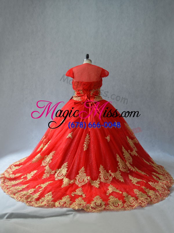 wholesale court train ball gowns sweet 16 dress red sweetheart tulle sleeveless lace up