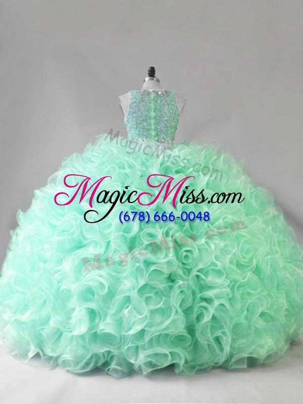 wholesale designer apple green zipper scoop beading and ruffles ball gown prom dress fabric with rolling flowers sleeveless