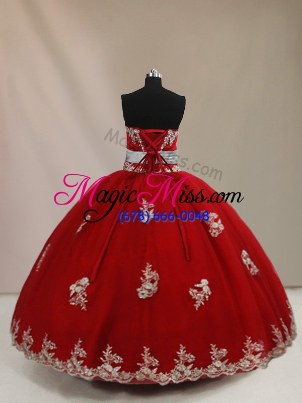 wholesale modern red tulle lace up strapless sleeveless floor length sweet 16 quinceanera dress appliques