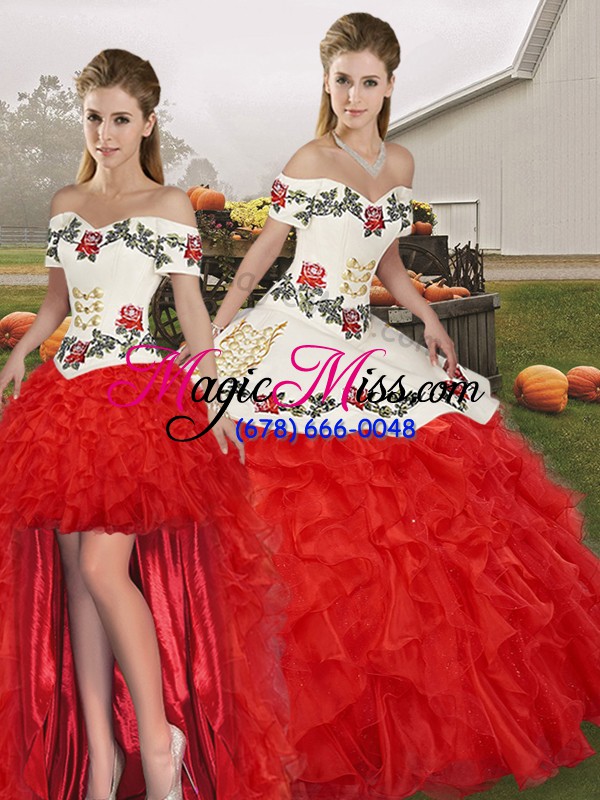 wholesale fabulous white and red three pieces organza off the shoulder sleeveless embroidery and ruffles floor length lace up sweet 16 dresses