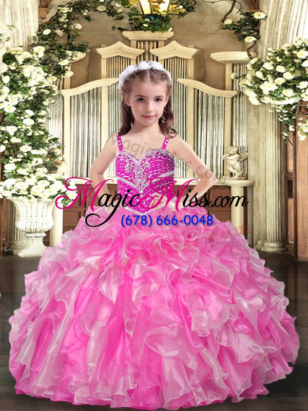 wholesale floor length lace up little girl pageant dress rose pink for party and wedding party with beading and ruffles