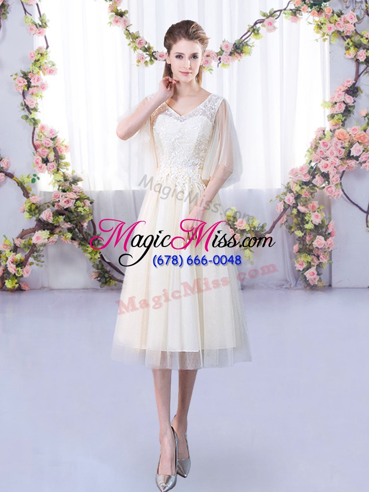 wholesale enchanting champagne sleeveless tea length lace lace up bridesmaid dresses
