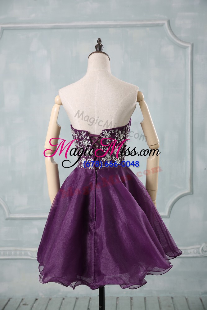 wholesale customized purple sweetheart neckline appliques and ruching prom party dress sleeveless lace up