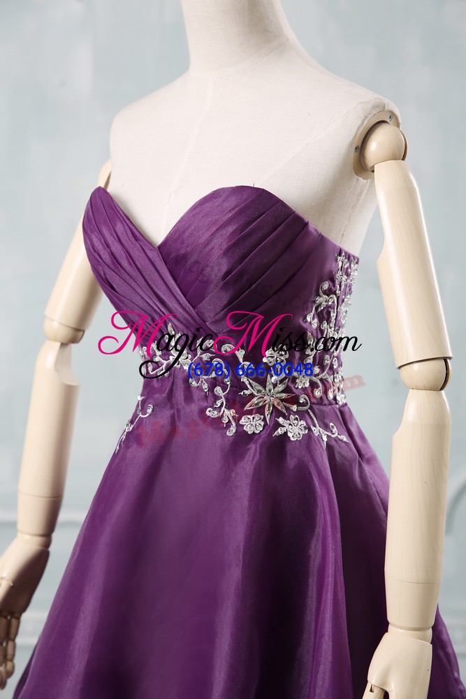 wholesale customized purple sweetheart neckline appliques and ruching prom party dress sleeveless lace up