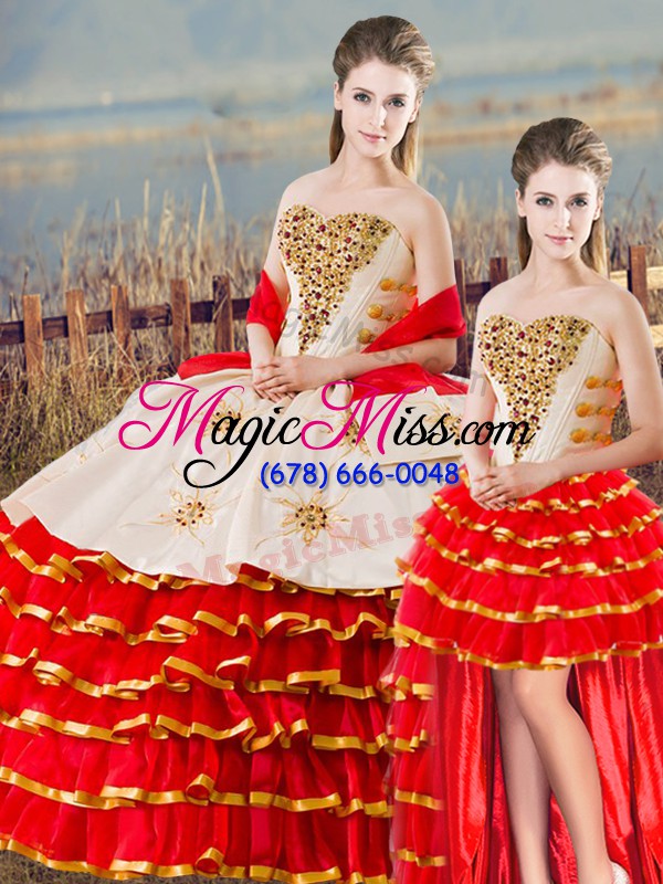 wholesale white and red lace up sweet 16 dresses sleeveless floor length beading and ruffled layers