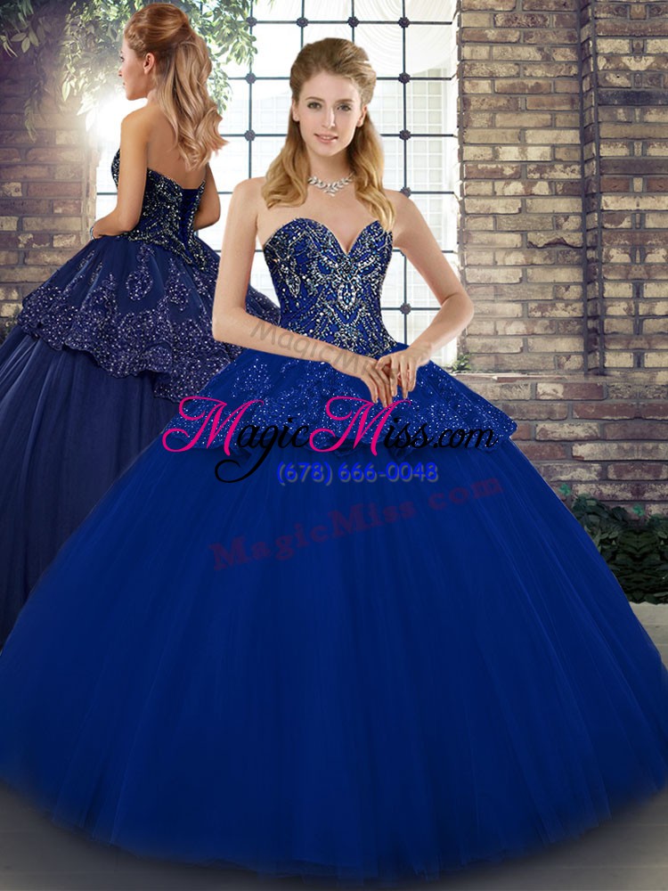 wholesale great floor length lace up sweet 16 dresses royal blue for military ball and sweet 16 and quinceanera with beading and appliques