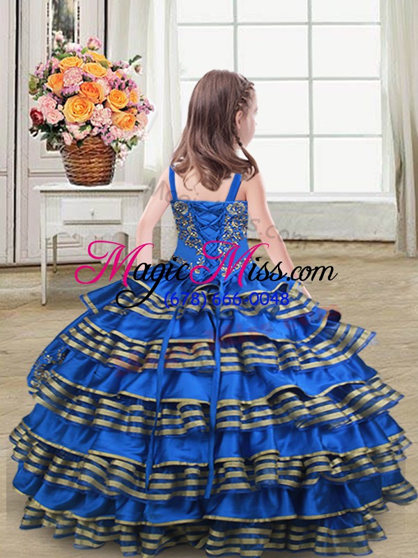 wholesale admirable sleeveless satin floor length lace up little girls pageant dress in turquoise with embroidery and ruffled layers