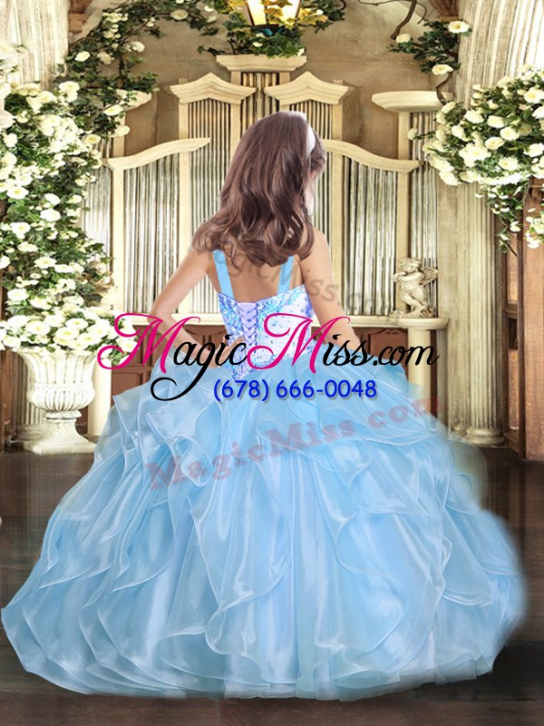 wholesale pink ball gowns straps sleeveless organza floor length lace up beading and ruffles girls pageant dresses