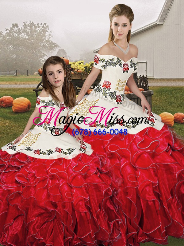wholesale sleeveless floor length embroidery and ruffles lace up sweet 16 quinceanera dress with white and red