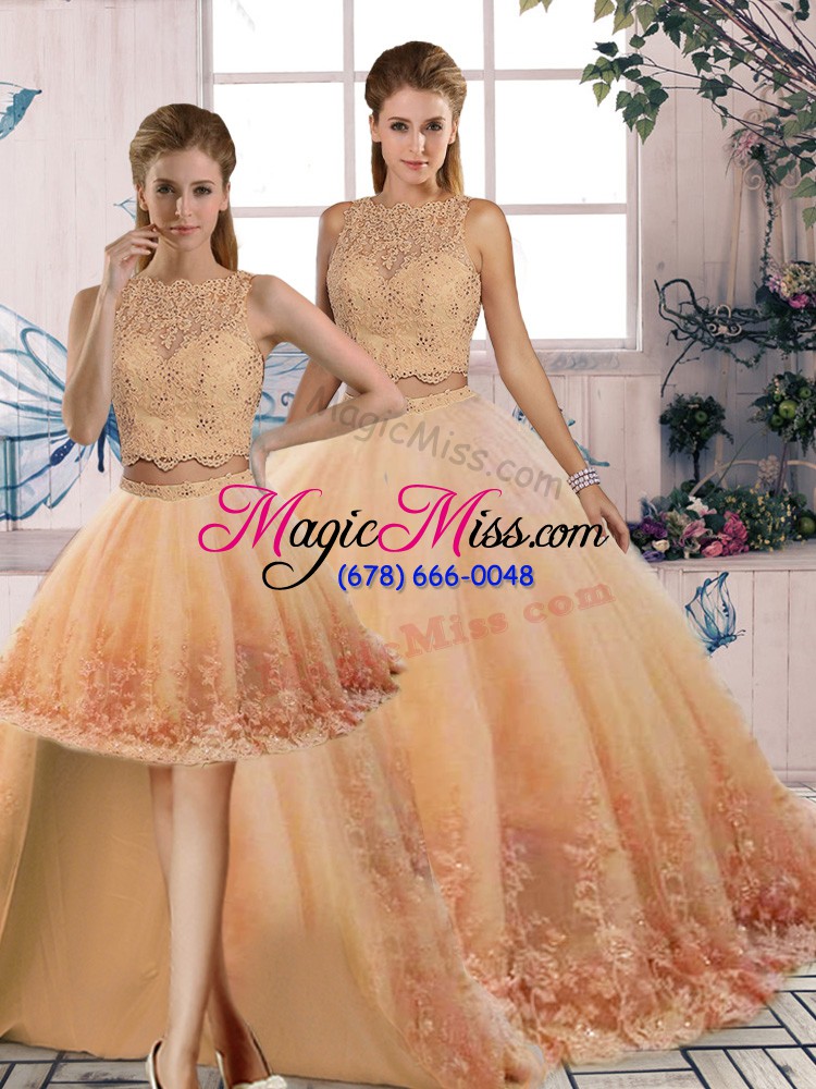 wholesale flirting peach 15th birthday dress military ball and sweet 16 and quinceanera with lace scalloped sleeveless sweep train backless