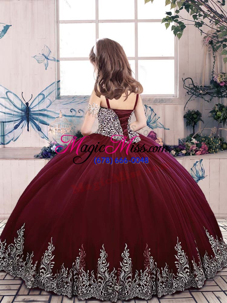 wholesale sweet ball gowns pageant gowns for girls burgundy straps tulle sleeveless floor length lace up