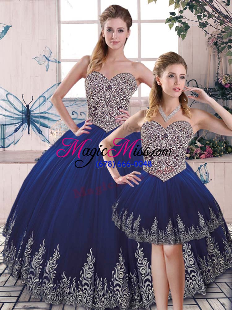 wholesale cute sleeveless tulle floor length lace up quinceanera dress in royal blue with embroidery