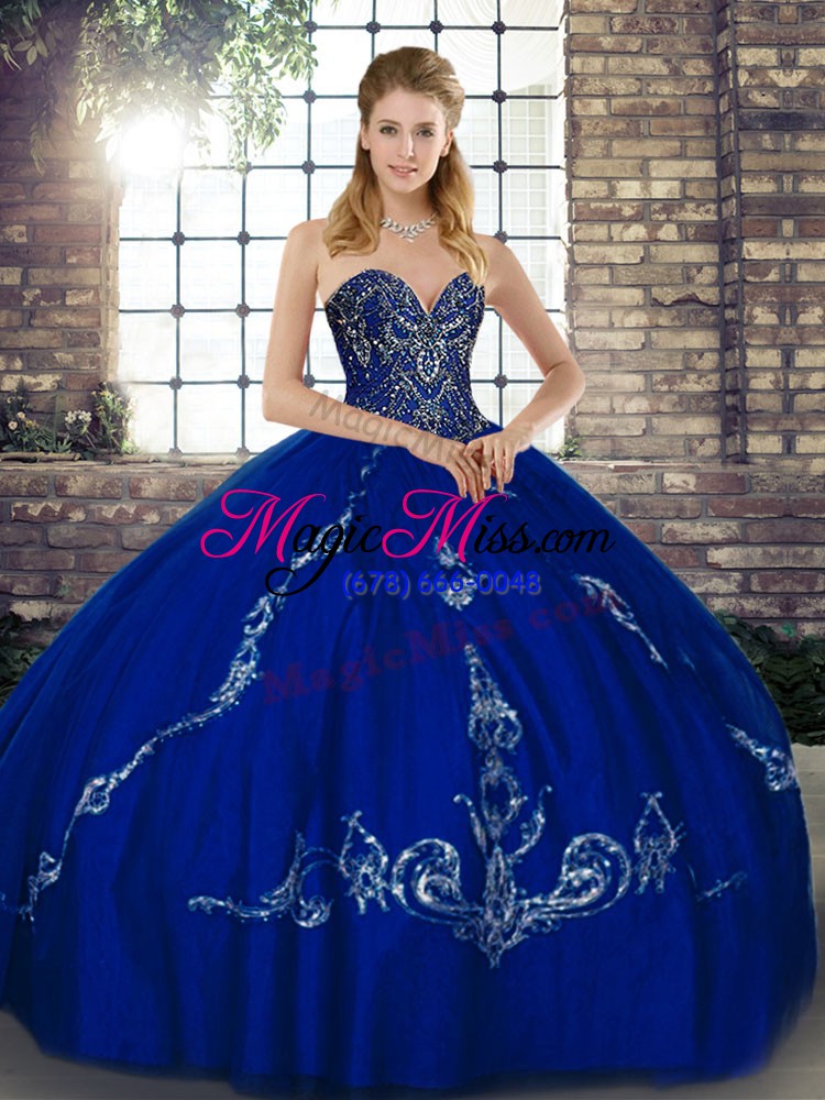 wholesale royal blue sweetheart neckline beading and embroidery quinceanera gown sleeveless lace up