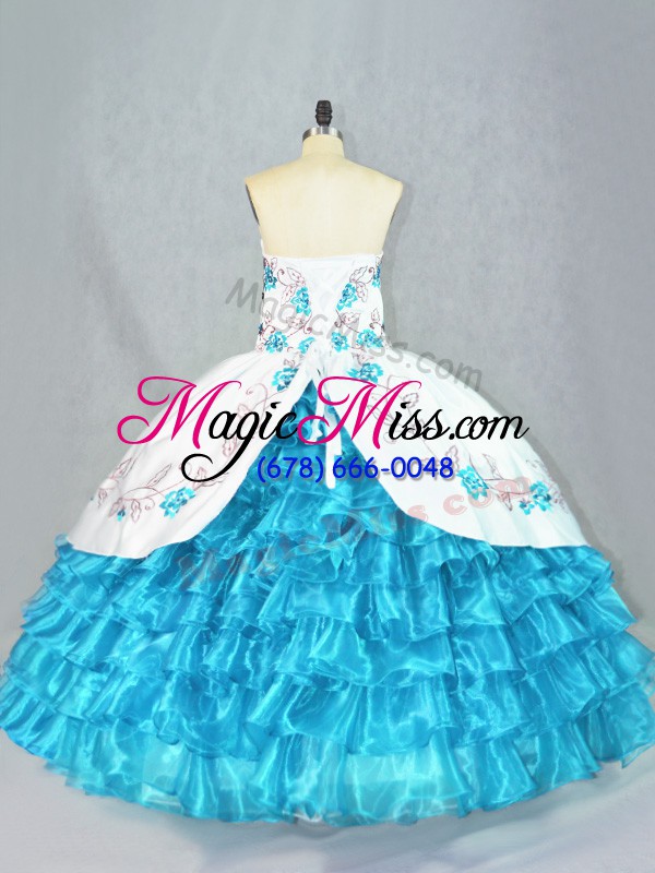 wholesale beautiful baby blue organza lace up ball gown prom dress sleeveless floor length embroidery and ruffled layers