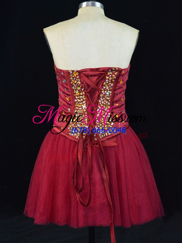 wholesale sleeveless tulle mini length lace up evening dress in wine red with beading