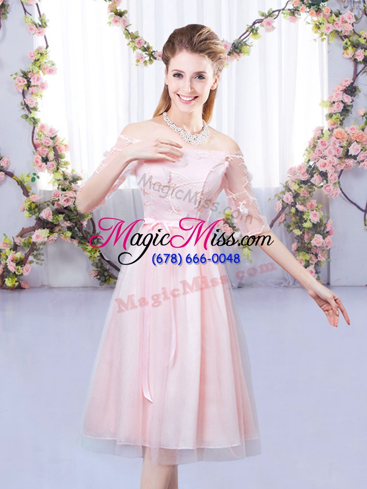 wholesale inexpensive baby pink half sleeves tea length lace and belt lace up court dresses for sweet 16