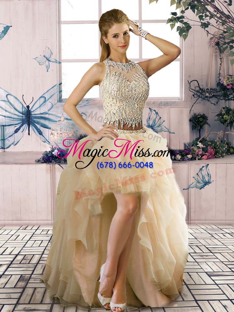 wholesale nice champagne organza zipper scoop sleeveless floor length ball gown prom dress beading and ruffles