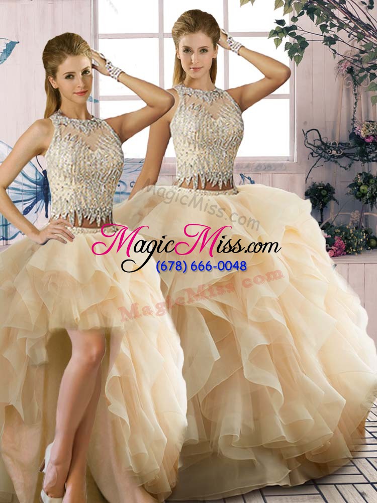 wholesale nice champagne organza zipper scoop sleeveless floor length ball gown prom dress beading and ruffles