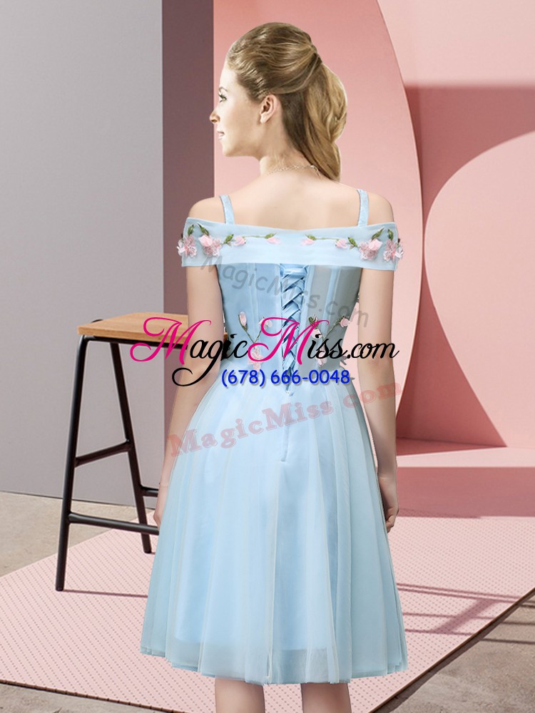 wholesale light blue empire appliques court dresses for sweet 16 lace up tulle short sleeves knee length