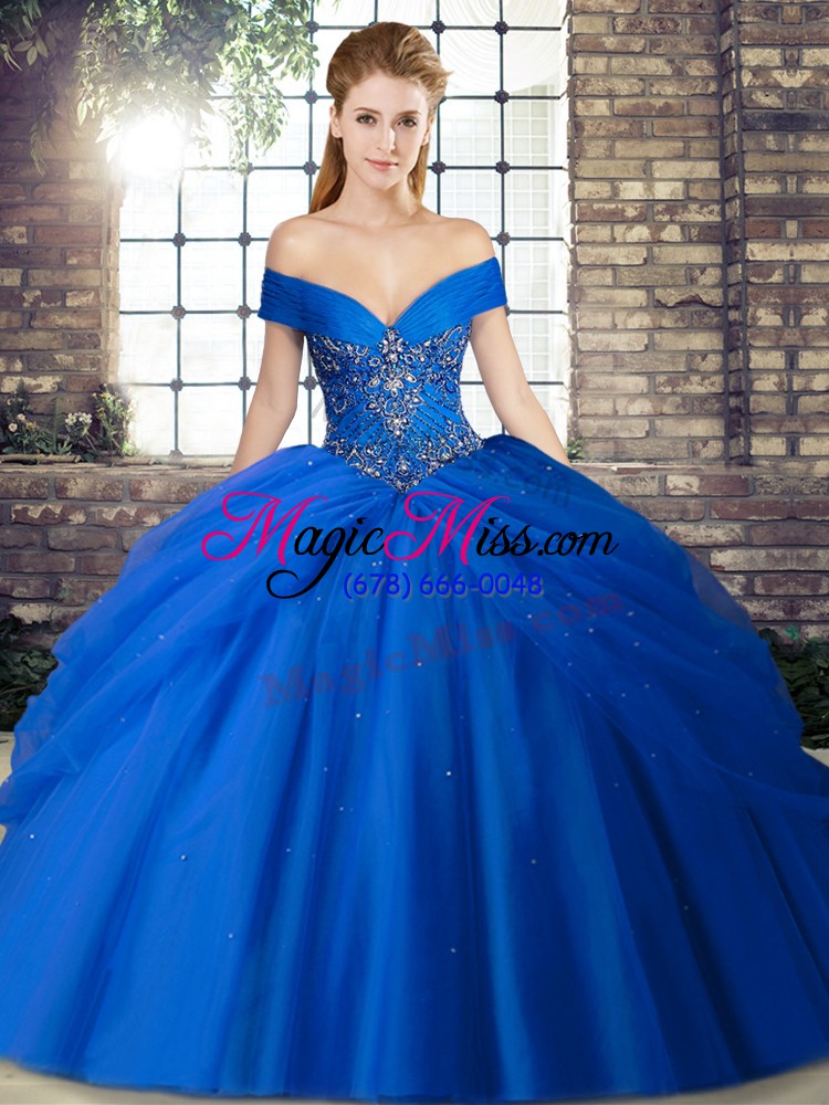 wholesale eye-catching royal blue sleeveless beading and pick ups lace up 15th birthday dress