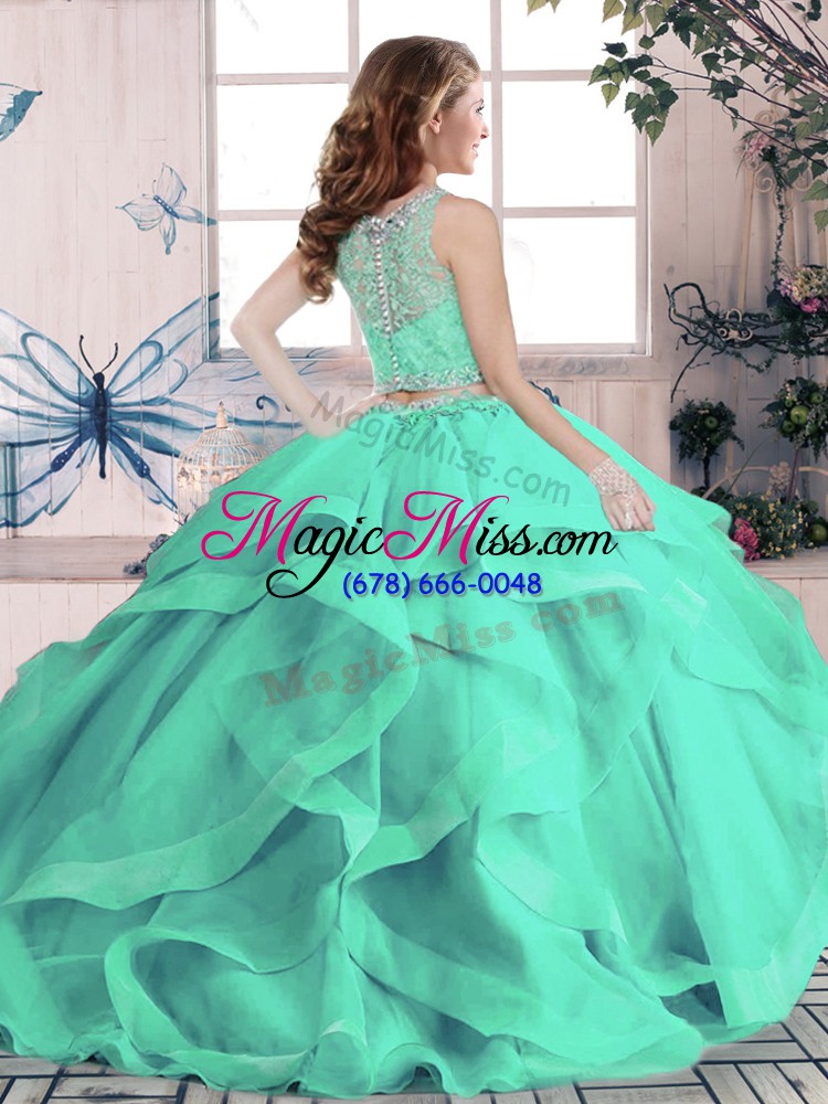 wholesale elegant blue tulle lace up scoop sleeveless floor length quinceanera gowns beading and ruffles