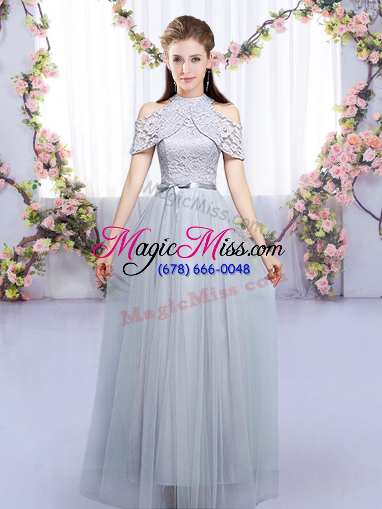 wholesale inexpensive grey tulle zipper high-neck sleeveless floor length bridesmaids dress lace and belt