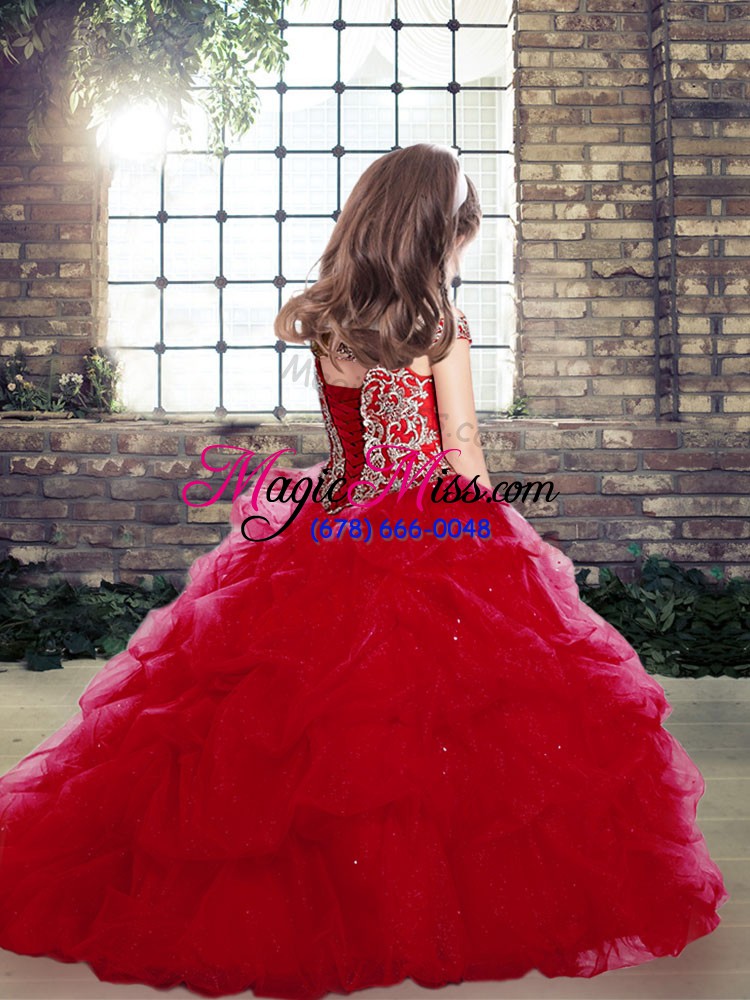 wholesale red off the shoulder neckline beading kids pageant dress sleeveless lace up