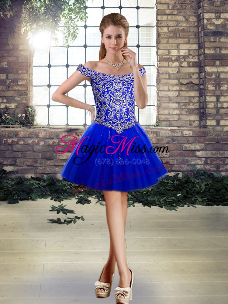 wholesale cheap off the shoulder sleeveless sweet 16 dress floor length beading royal blue tulle