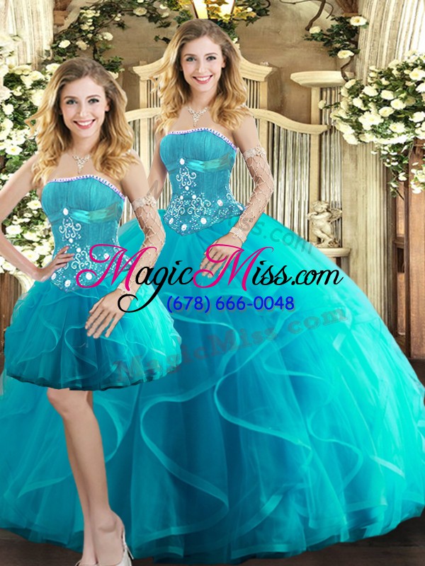 wholesale strapless sleeveless lace up ball gown prom dress aqua blue tulle