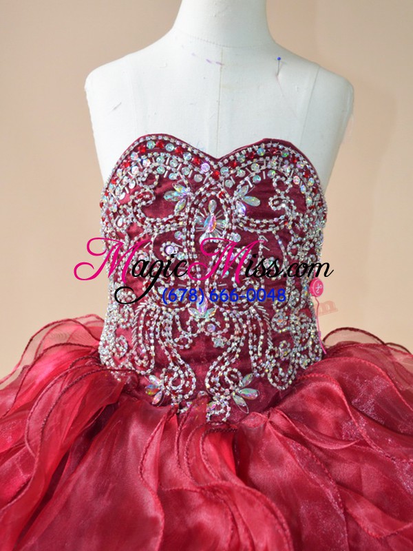wholesale wine red organza lace up sweetheart sleeveless little girls pageant dress wholesale brush train beading and ruffles