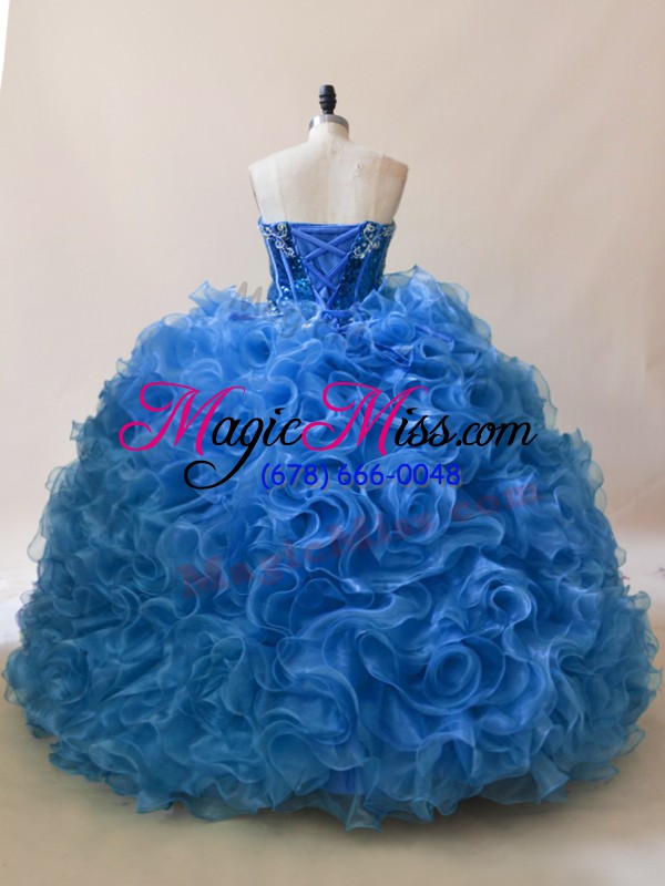 wholesale sleeveless fabric with rolling flowers floor length lace up 15th birthday dress in blue with ruffles and sequins