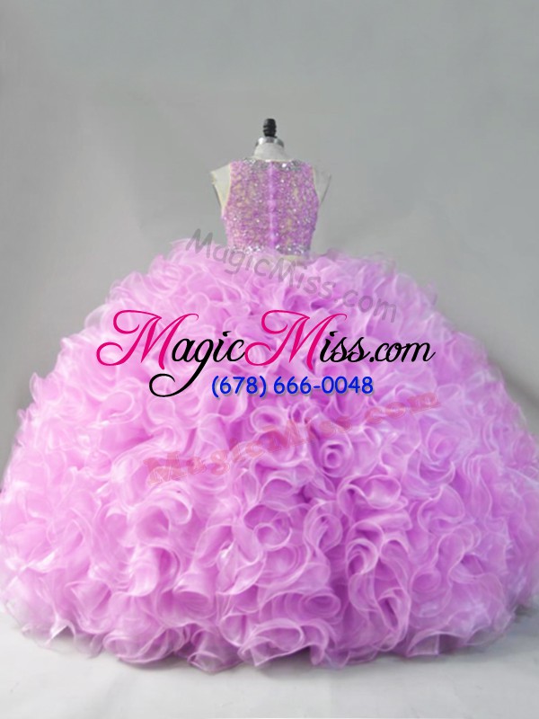 wholesale lilac zipper scoop beading and ruffles ball gown prom dress fabric with rolling flowers sleeveless