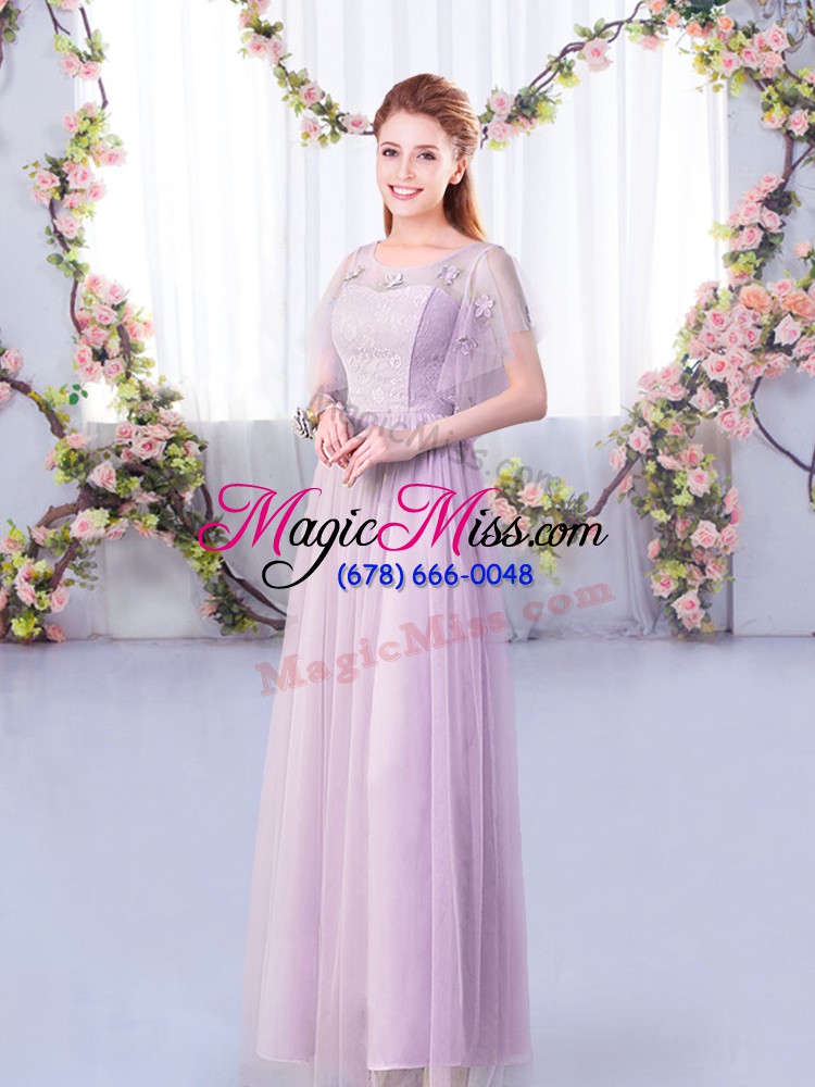 wholesale fashionable lavender empire off the shoulder half sleeves tulle floor length side zipper lace and belt wedding guest dresses