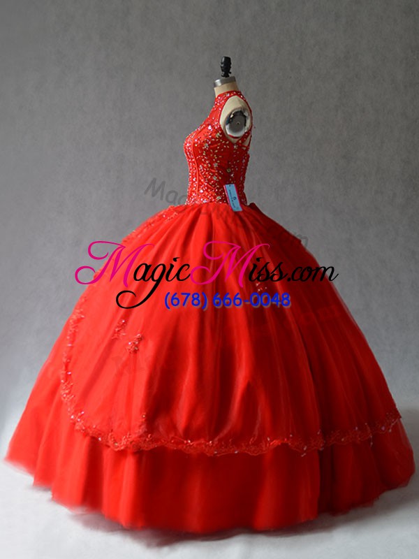wholesale lovely red halter top lace up appliques sweet 16 quinceanera dress sleeveless