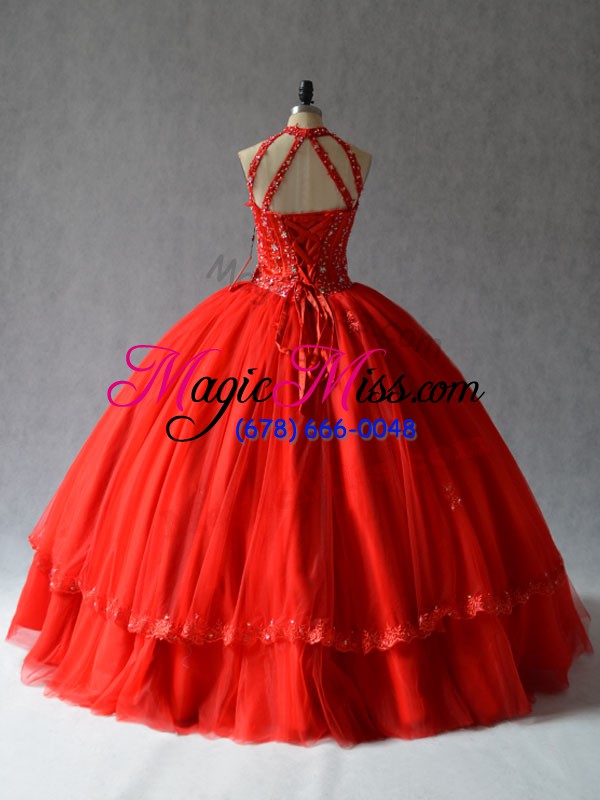 wholesale lovely red halter top lace up appliques sweet 16 quinceanera dress sleeveless