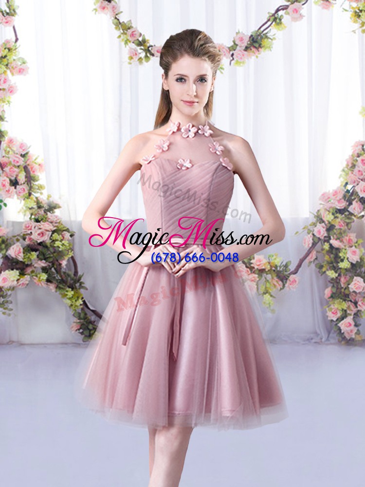 wholesale new style pink sleeveless knee length appliques and belt lace up bridesmaid dress
