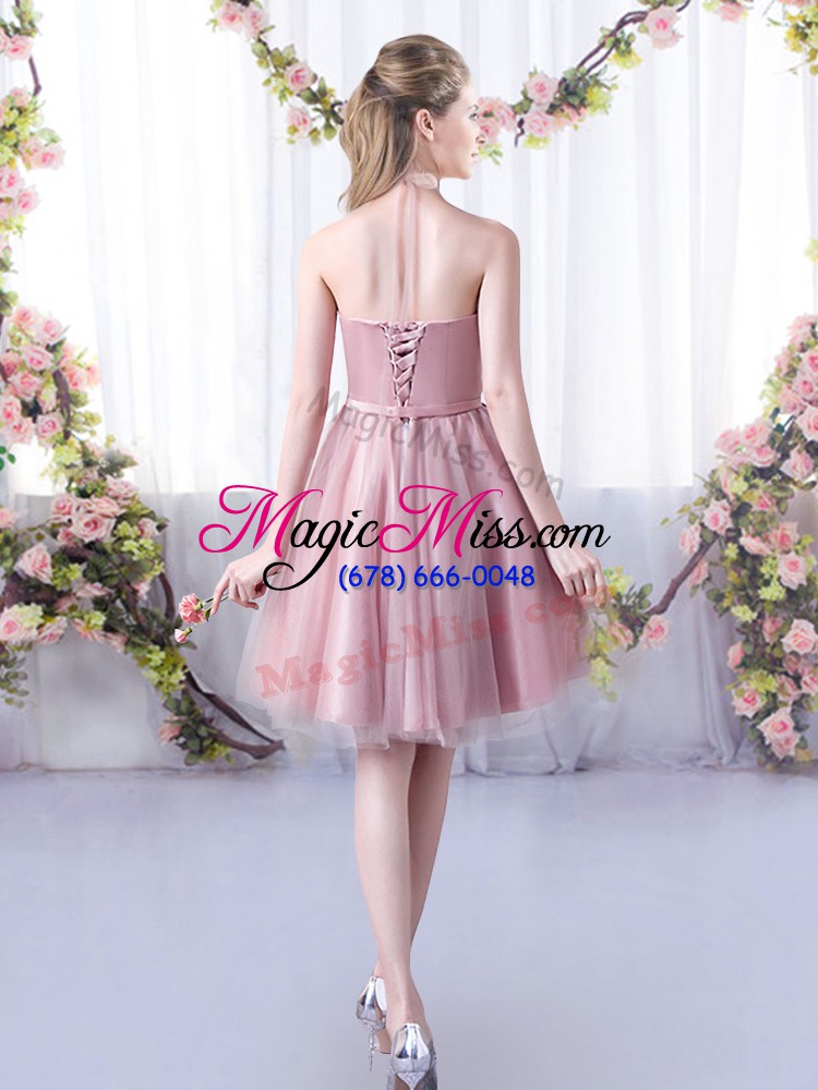 wholesale new style pink sleeveless knee length appliques and belt lace up bridesmaid dress